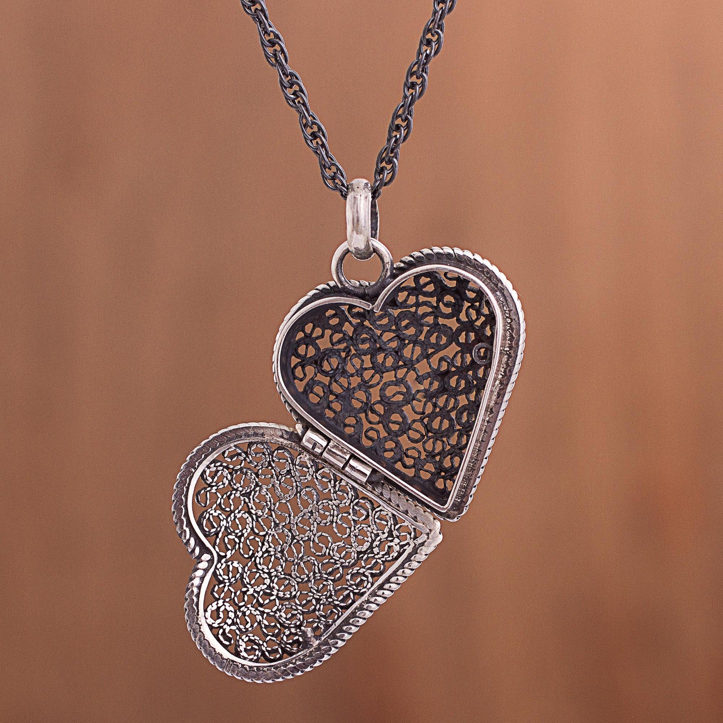 Romantic Finesse Sterling Silver Filigree Heart Locket Necklace from Peru