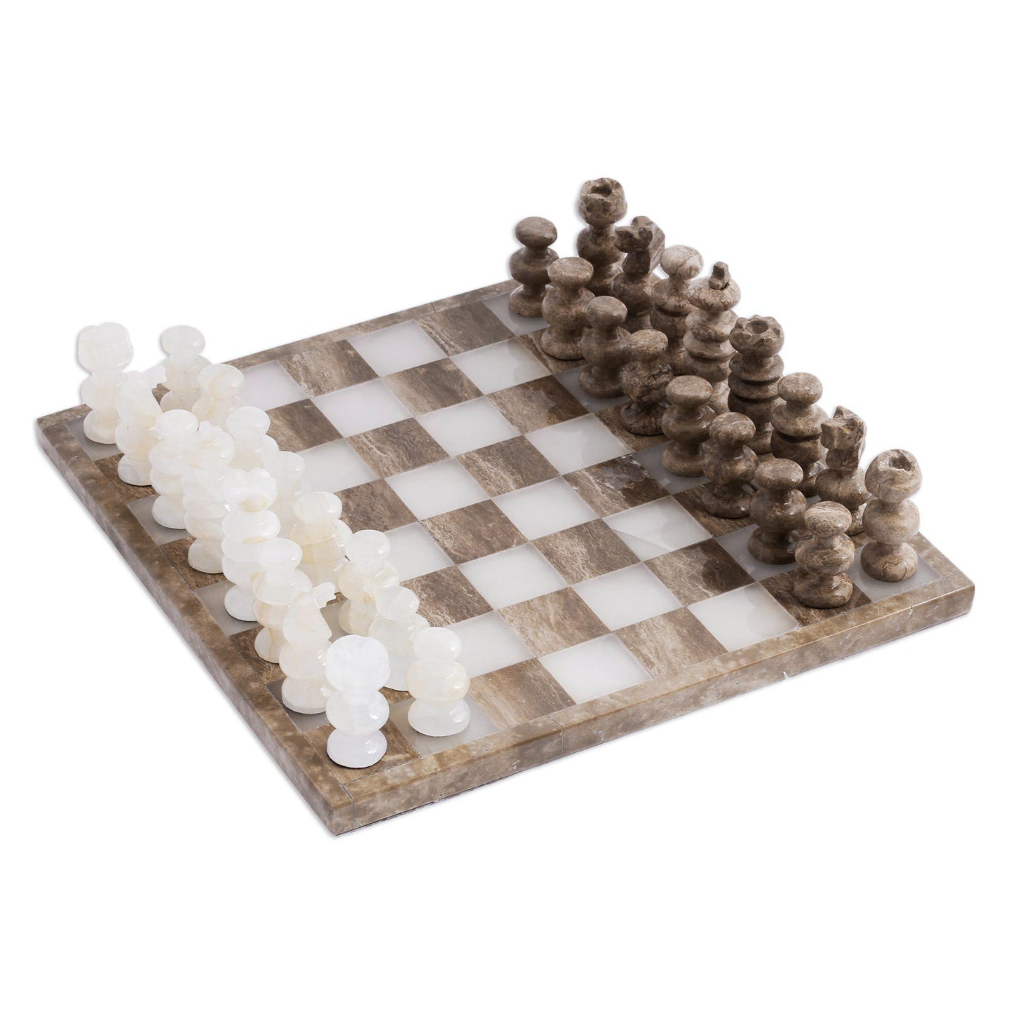 Brown and Ivory Onyx and Marble Chess Set Crafted in Mexico