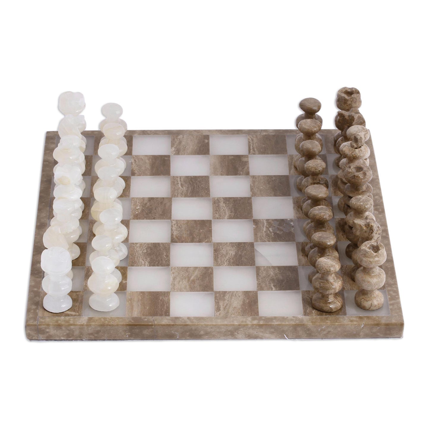 Brown and Ivory Onyx and Marble Chess Set Crafted in Mexico