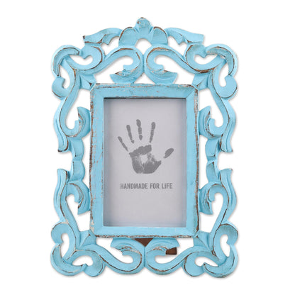 Regal Portrait Hand Carved Aqua Green Mango Wood Photo Frame (4x6)