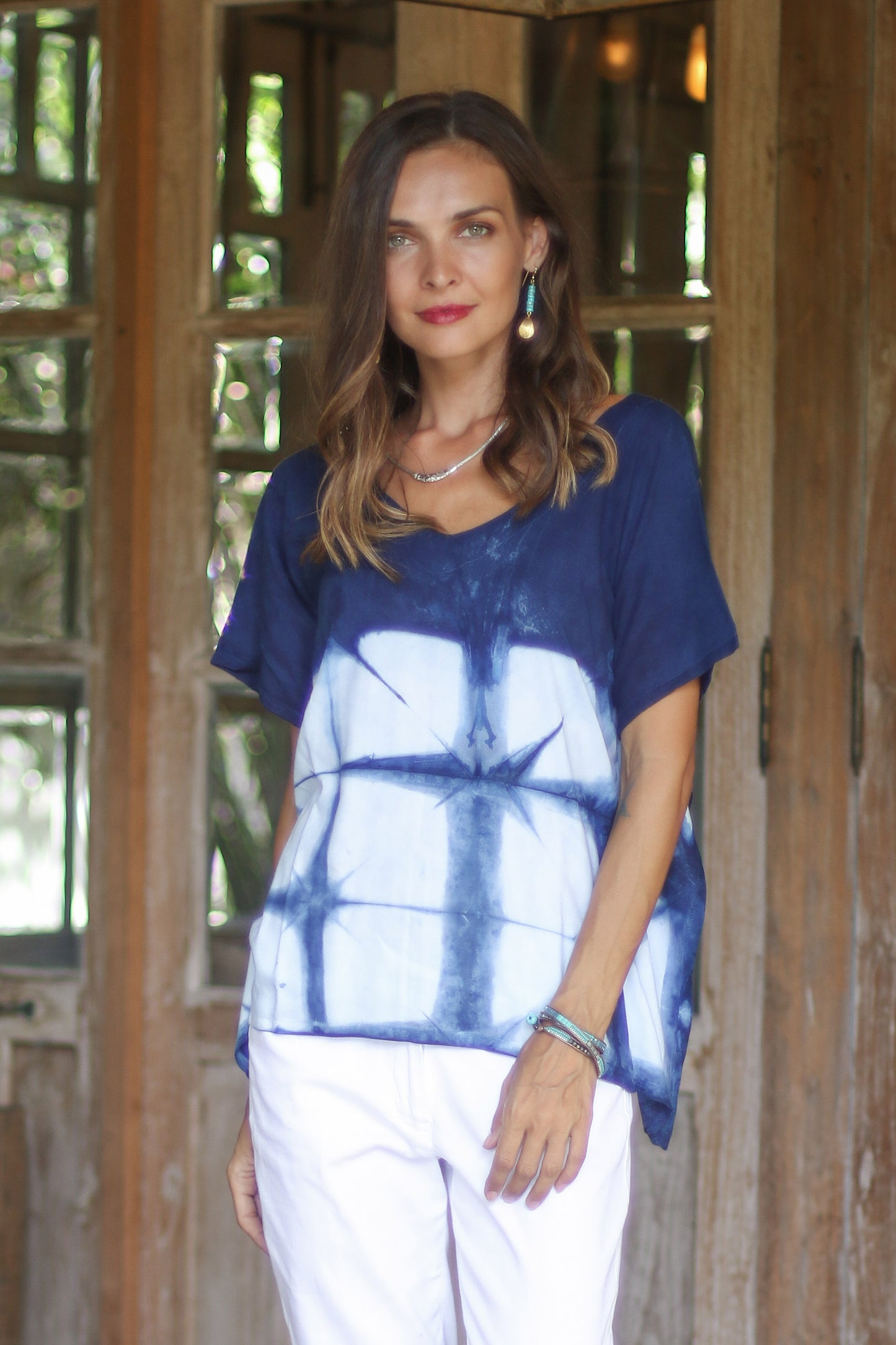 Sunlit Window Indigo White Geometric Tie-Dye Short Sleeve Cotton Blouse