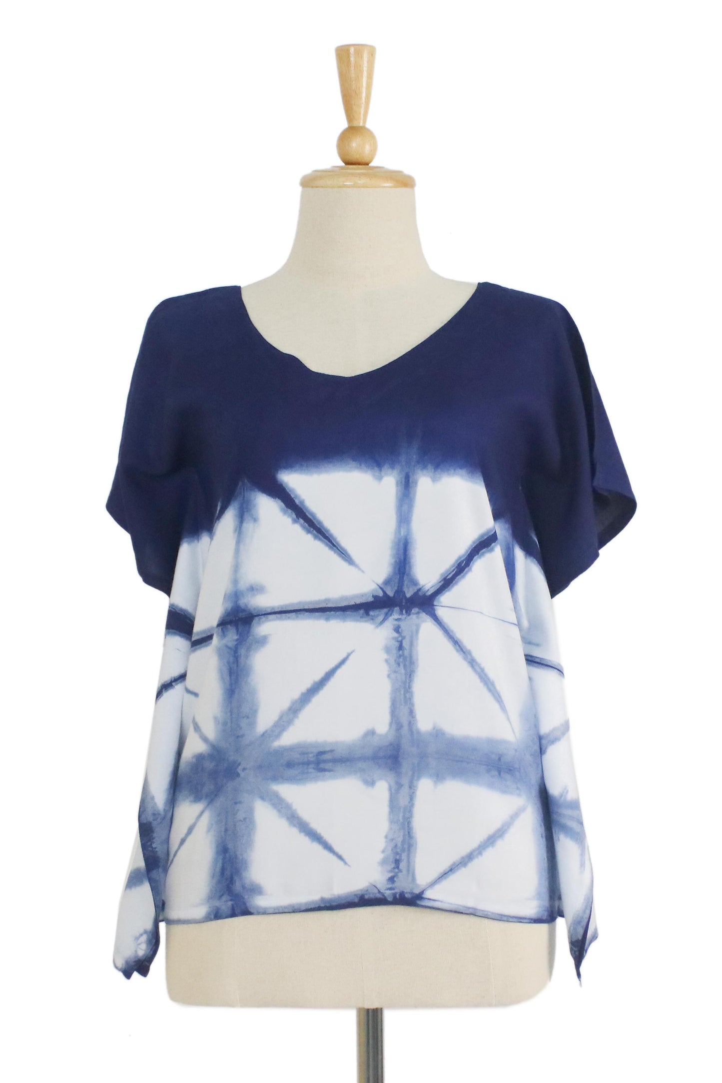 Sunlit Window Indigo White Geometric Tie-Dye Short Sleeve Cotton Blouse