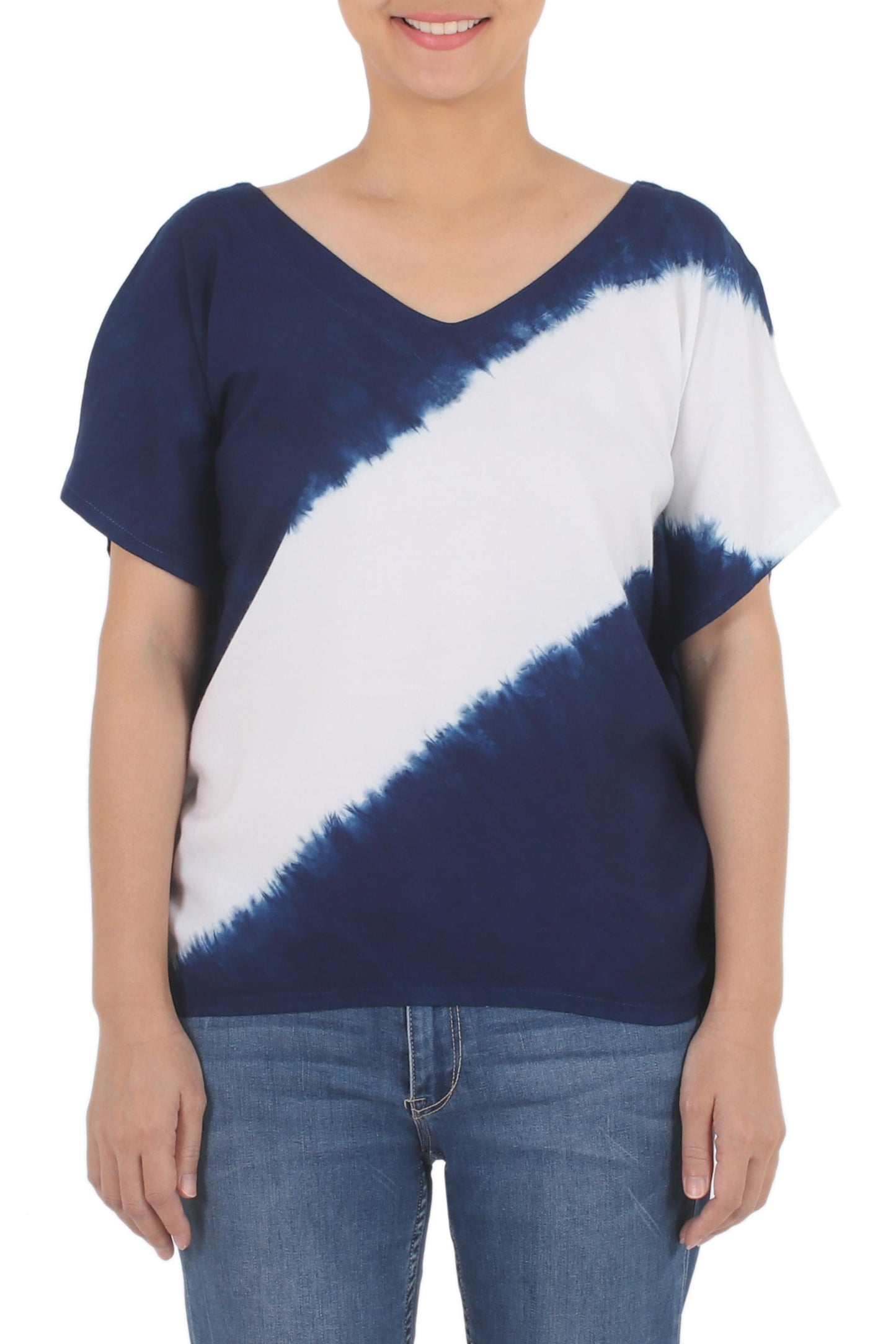 Soar Indigo Diagonal Stripe Tie-Dye Short Sleeve Cotton Blouse