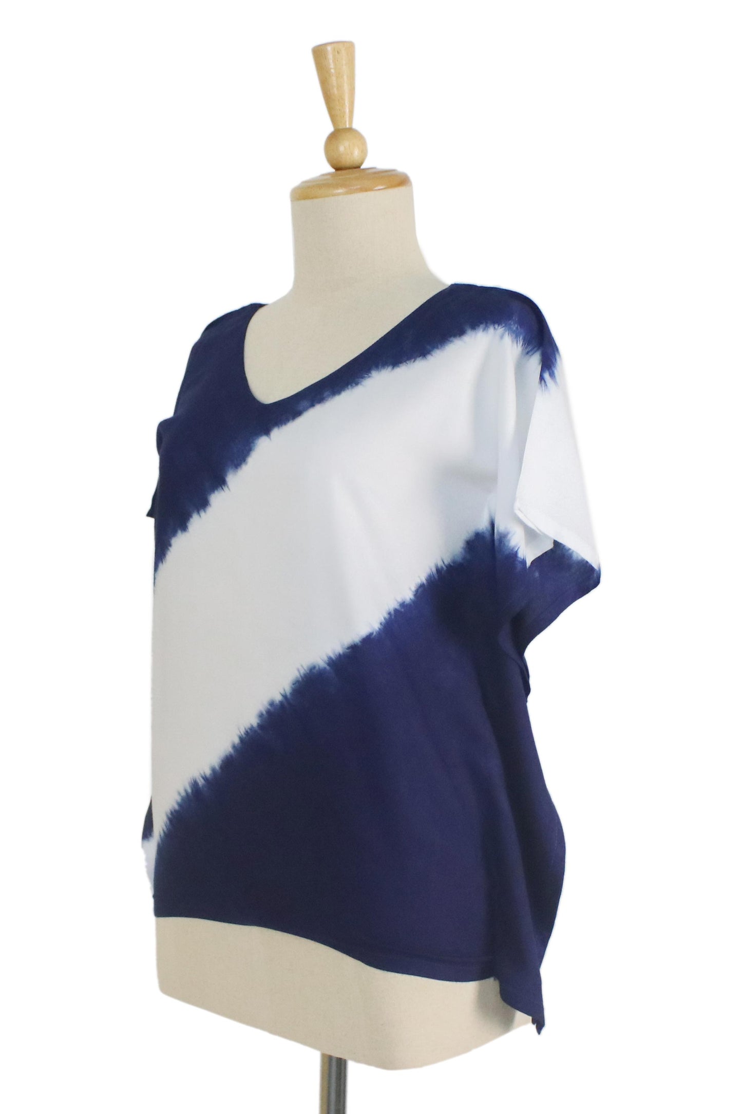 Soar Indigo Diagonal Stripe Tie-Dye Short Sleeve Cotton Blouse