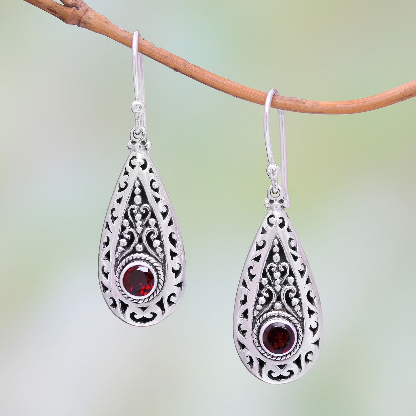 Ornamental Fire Garnet and Sterling Silver Teardrop Dangle Earrings