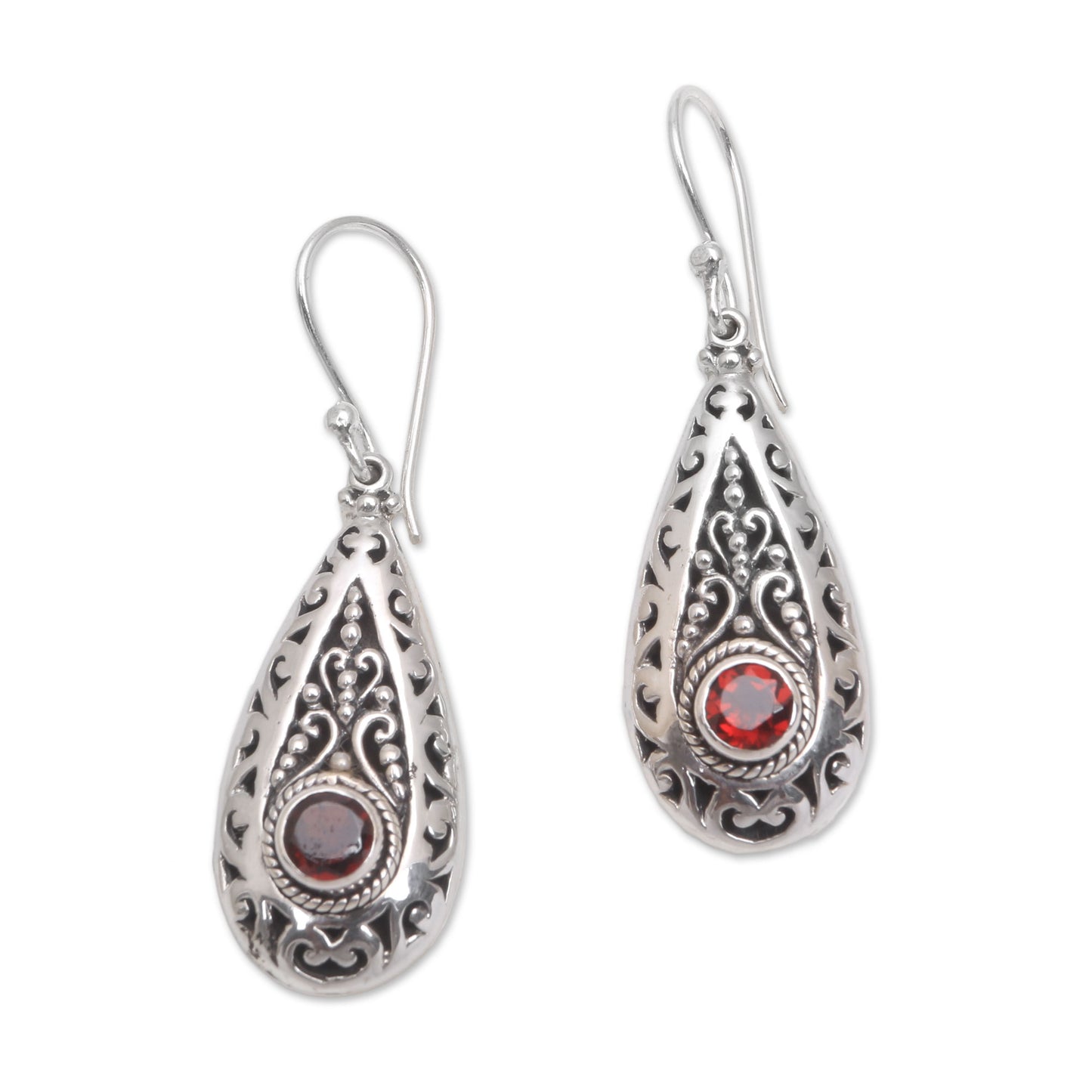 Ornamental Fire Garnet and Sterling Silver Teardrop Dangle Earrings