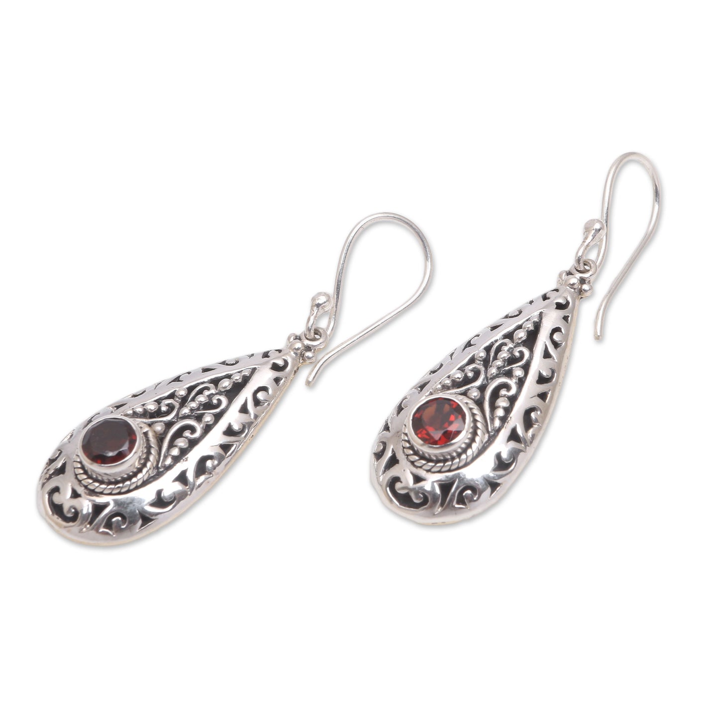 Ornamental Fire Garnet and Sterling Silver Teardrop Dangle Earrings