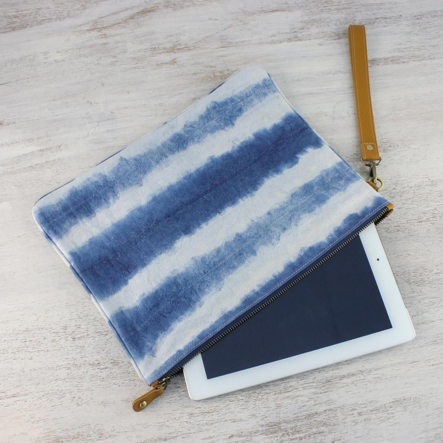 Sky Stripes Tie-Dyed Striped Cotton Wristlet in Blue from Thailand