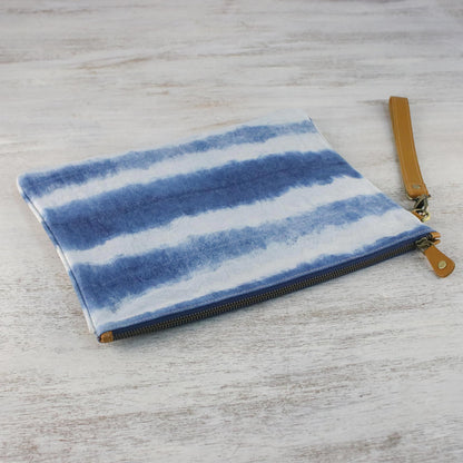 Sky Stripes Tie-Dyed Striped Cotton Wristlet in Blue from Thailand