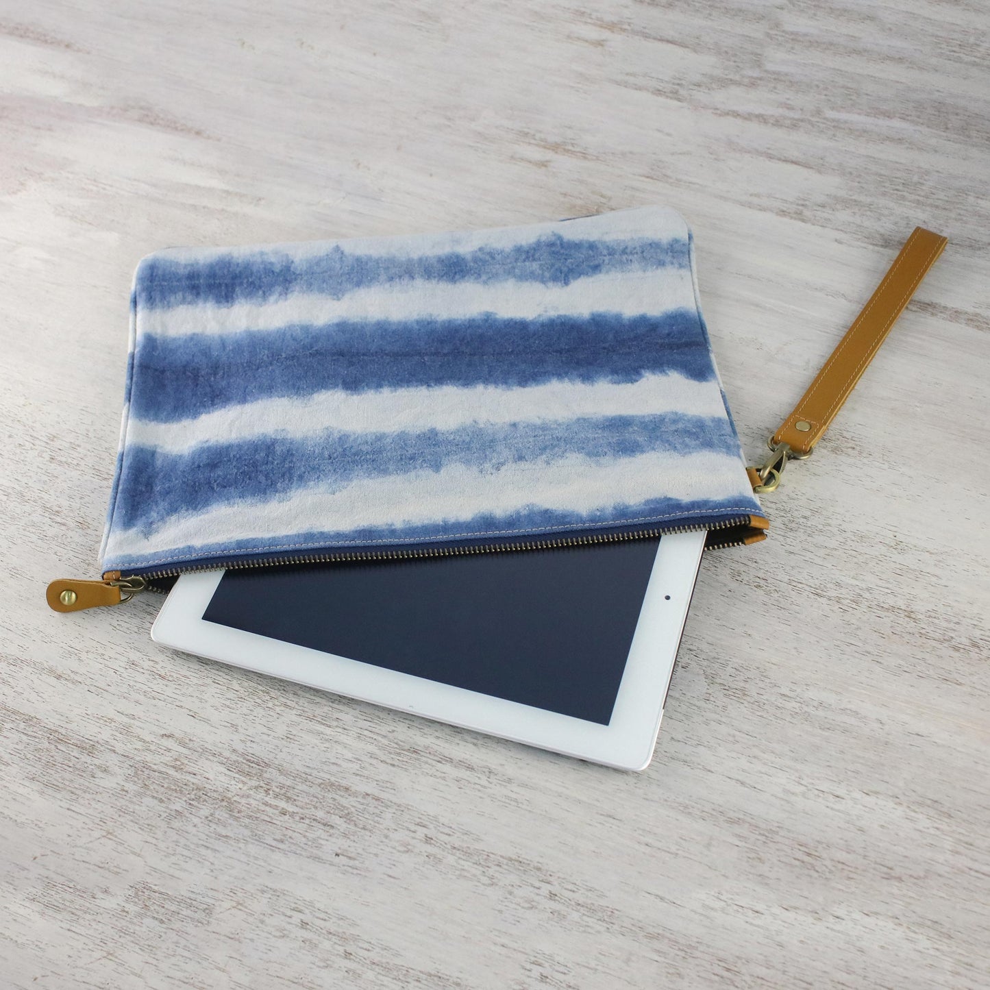 Sky Stripes Tie-Dyed Striped Cotton Wristlet in Blue from Thailand