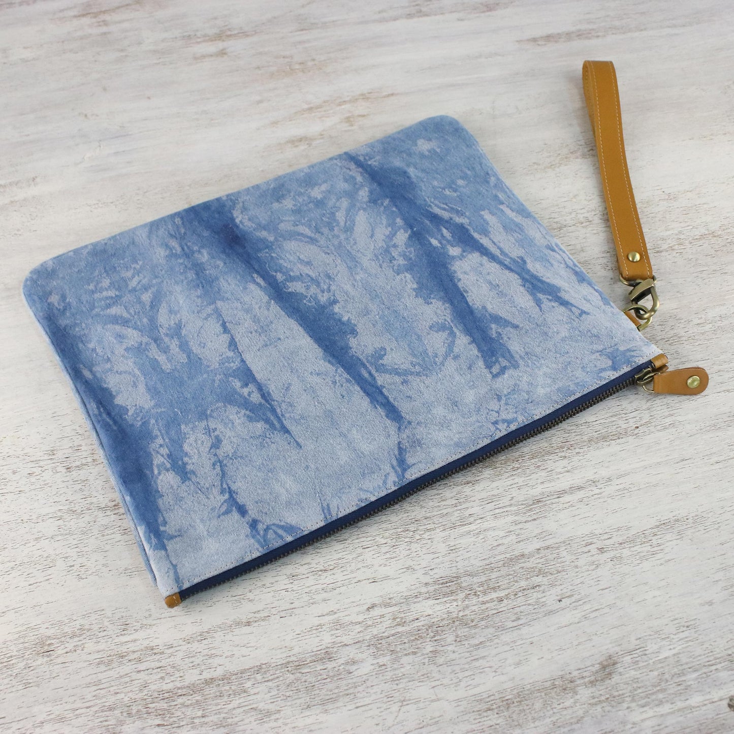 Blue Trees Tie-Dyed Leather Accent Cotton Clutch from Thailand