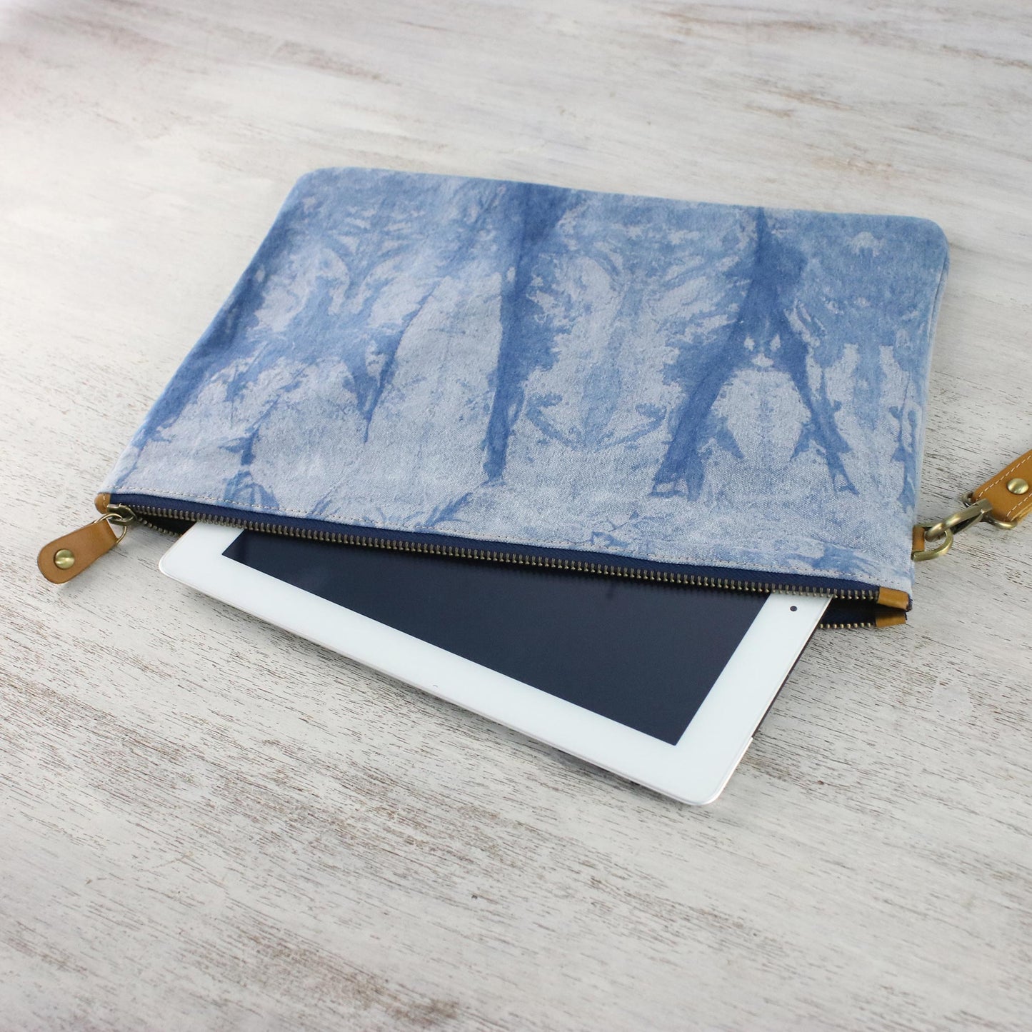 Blue Trees Tie-Dyed Leather Accent Cotton Clutch from Thailand