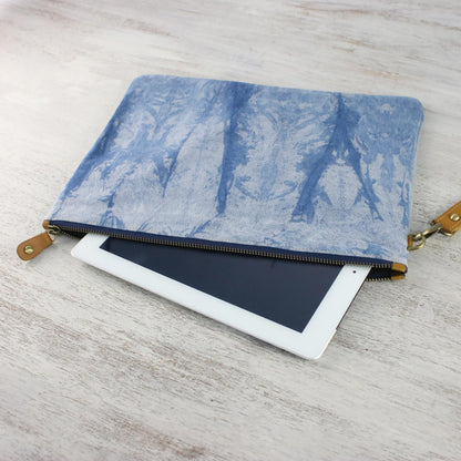 Blue Trees Tie-Dyed Leather Accent Cotton Clutch from Thailand