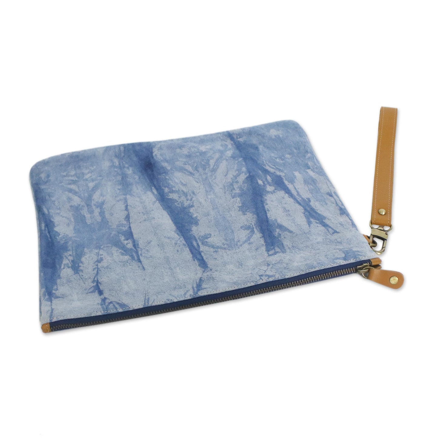 Blue Trees Tie-Dyed Leather Accent Cotton Clutch from Thailand