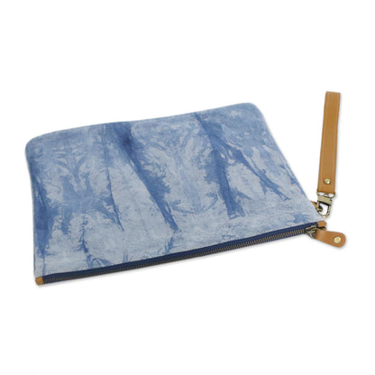 Blue Trees Tie-Dyed Leather Accent Cotton Clutch from Thailand