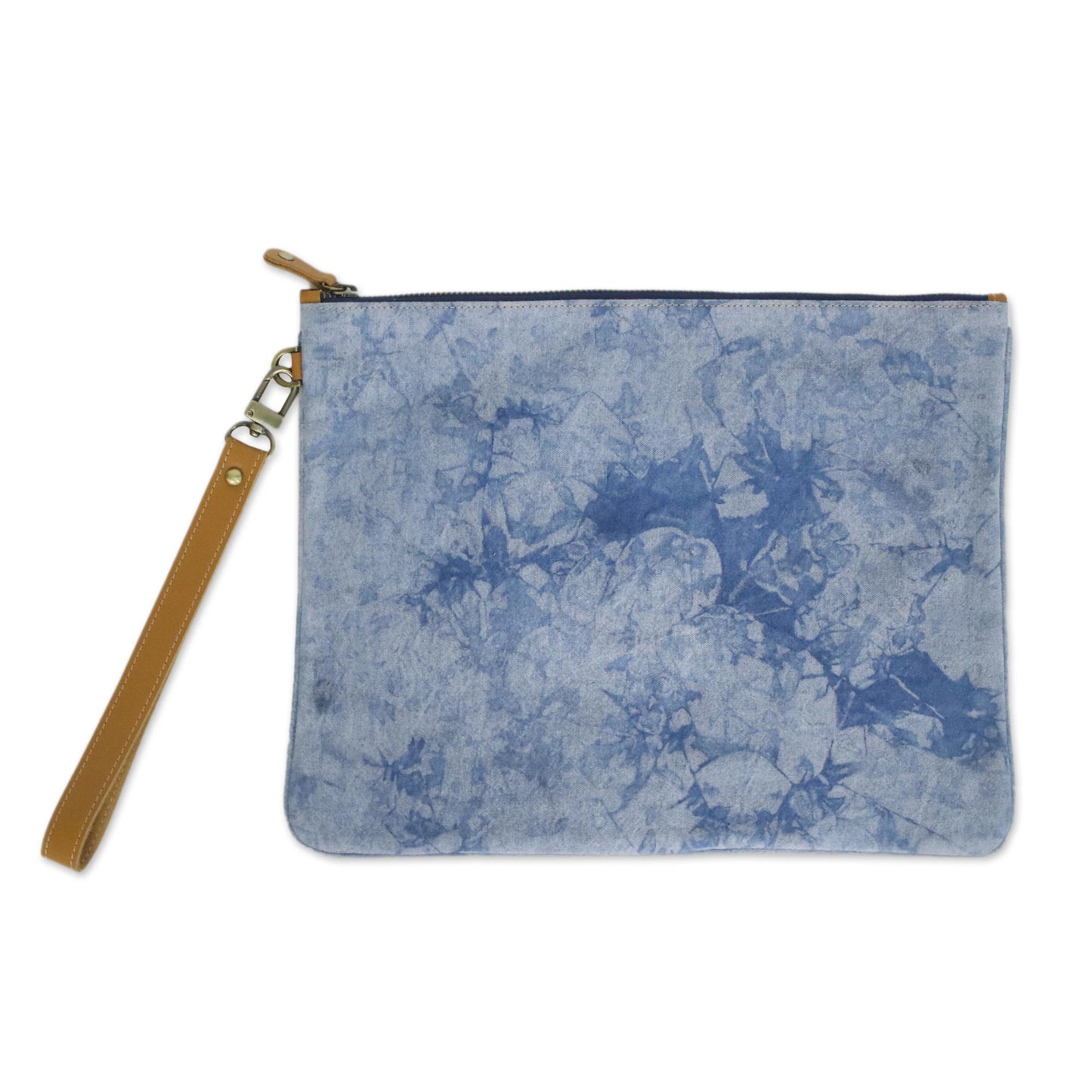 Blooming Blue Blue Tie-Dyed Leather Accent Cotton Clutch from Thailand