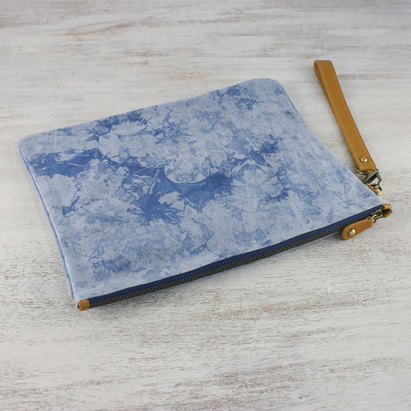 Blooming Blue Blue Tie-Dyed Leather Accent Cotton Clutch from Thailand