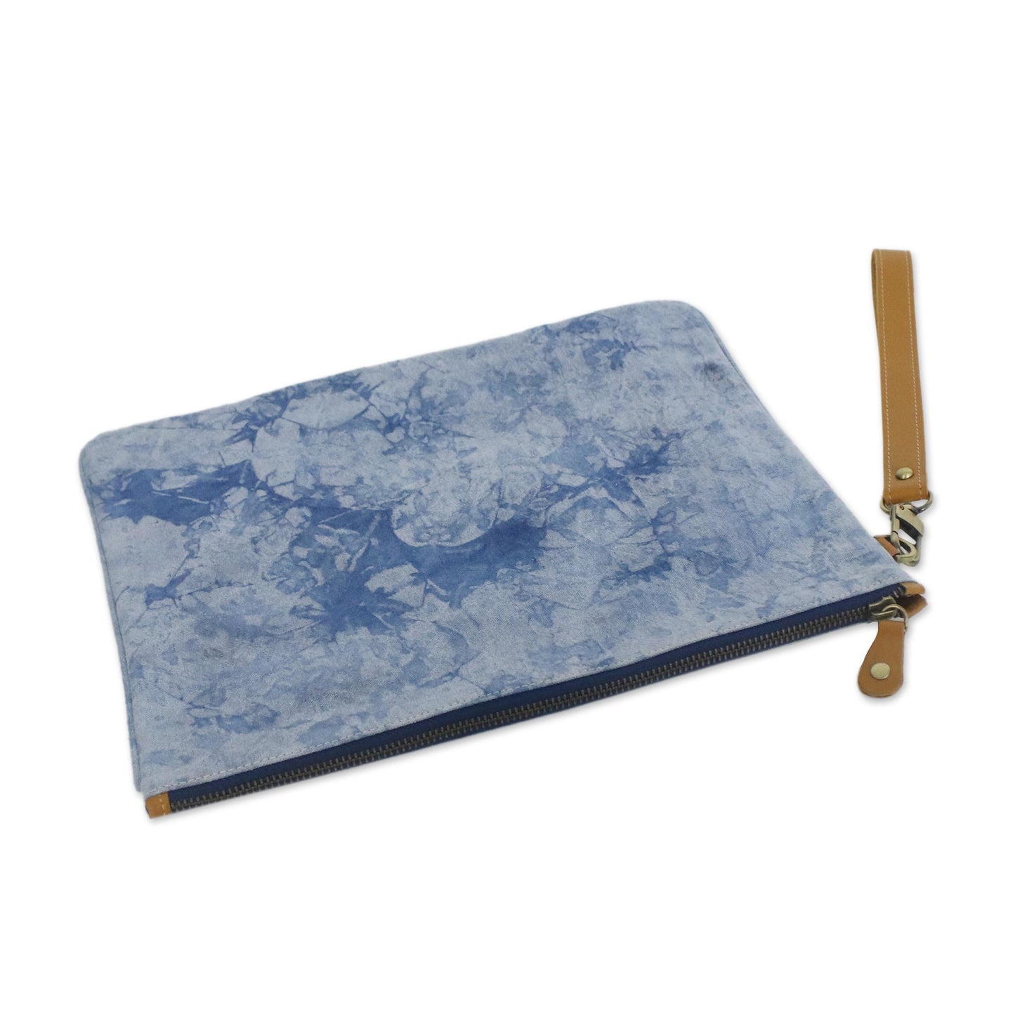 Blooming Blue Blue Tie-Dyed Leather Accent Cotton Clutch from Thailand