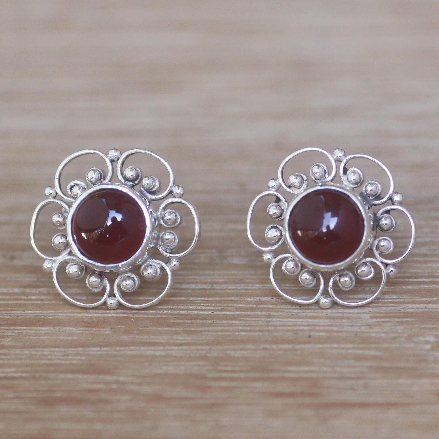 Red Jepun Floral Carnelian Button Earrings from Bali