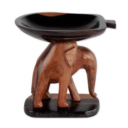 Elephant Carrying a Leaf Handcrafted Ebony Wood Elephant Mini Catchall from Ghana