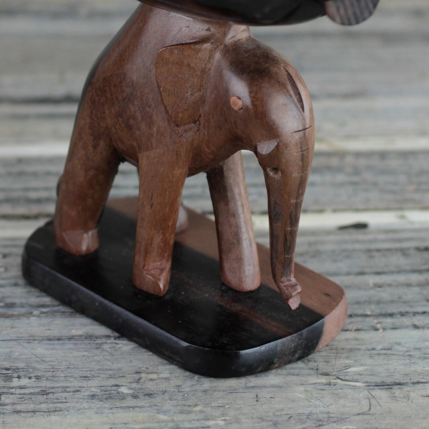 Elephant Carrying a Leaf Handcrafted Ebony Wood Elephant Mini Catchall from Ghana