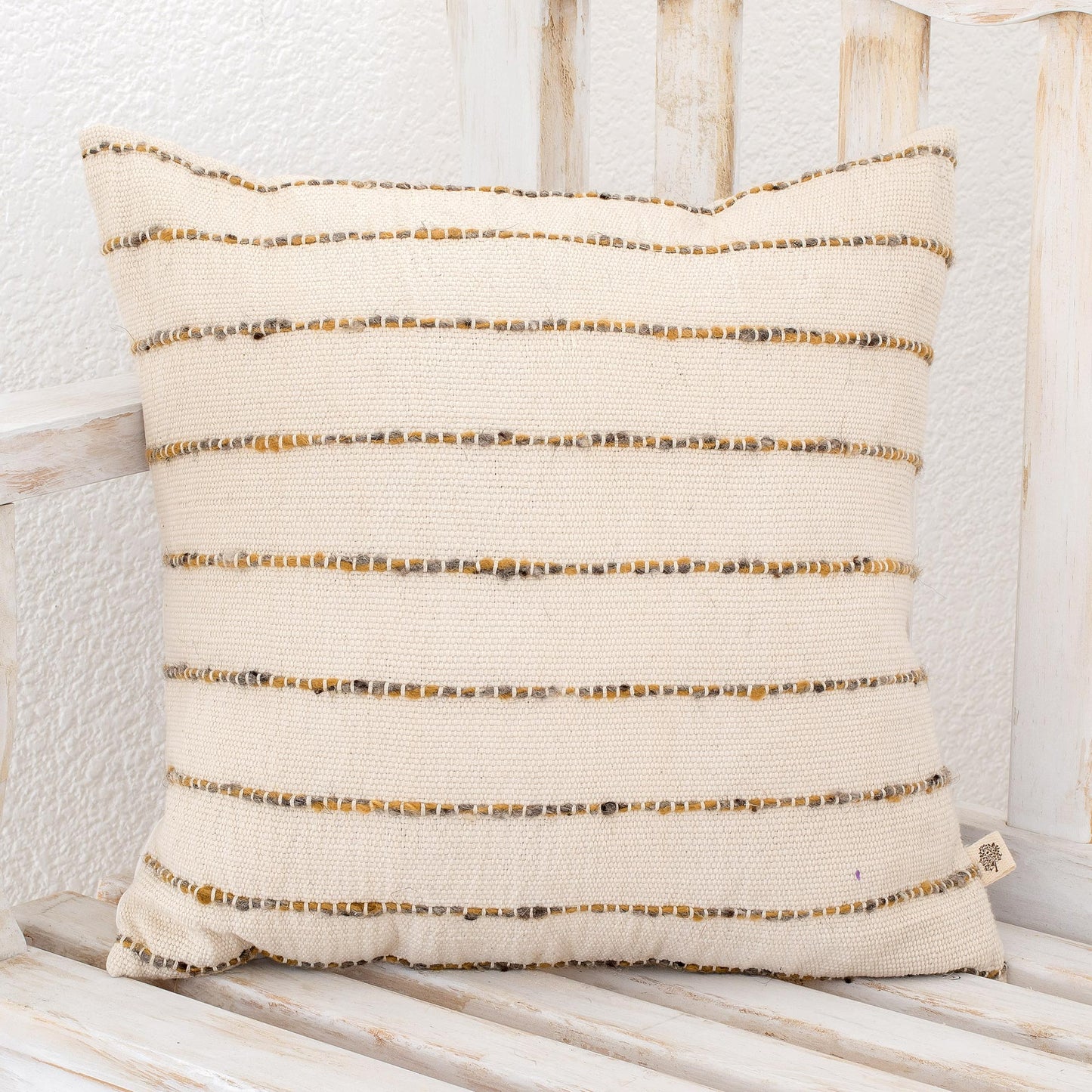 Momostenango Paths Striped Patterned Wool Cushion Cover in Ivory from Guatemala