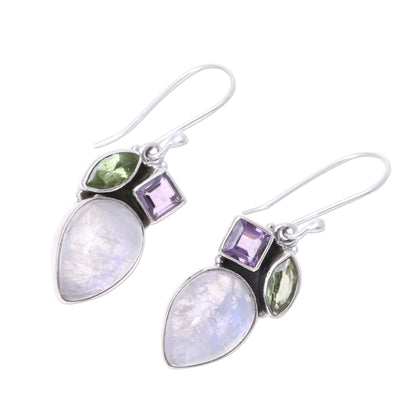 Glistening Dazzle Teardrop Rainbow Moonstone Peridot and Amethyst Earrings