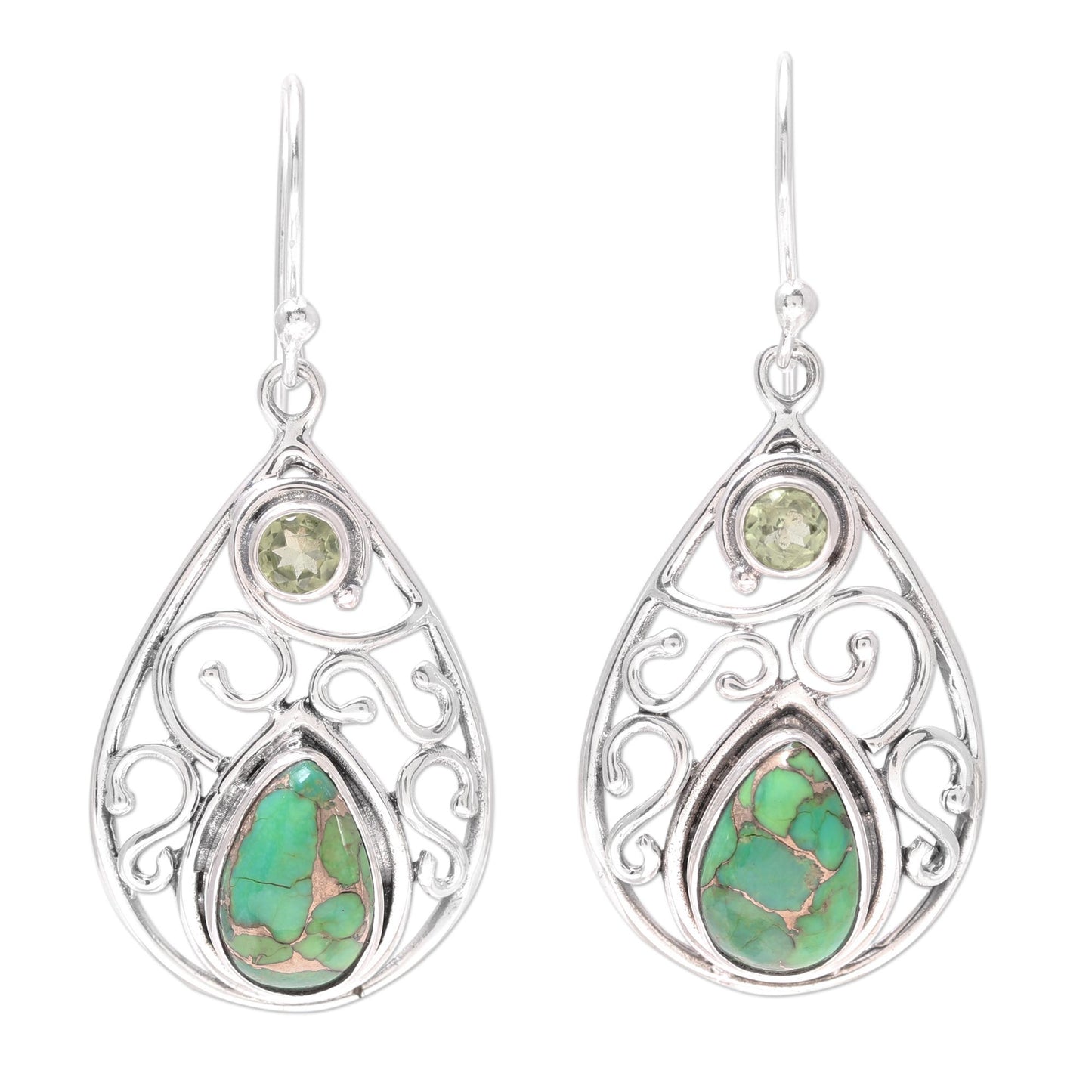 Verdant Sparkle Peridot and Teardrop Green Turquoise Earrings from India