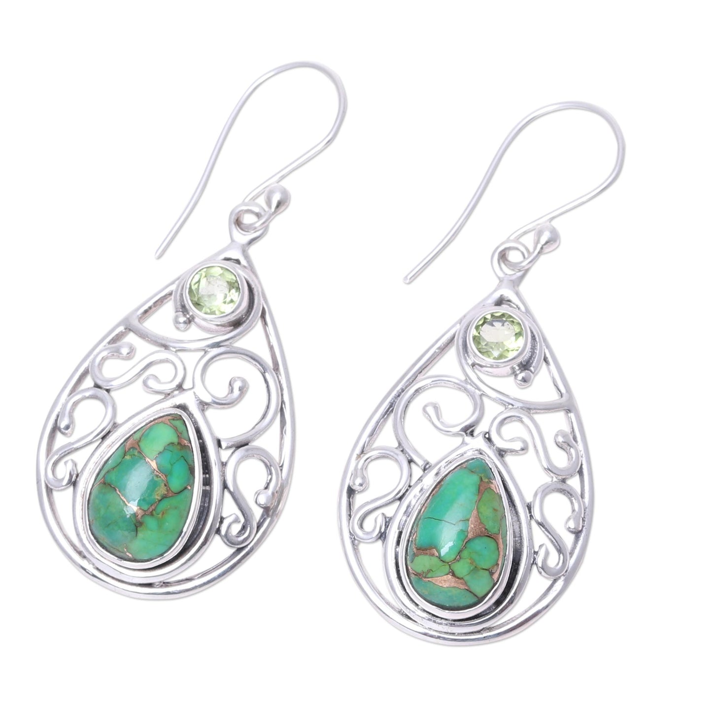 Verdant Sparkle Peridot and Teardrop Green Turquoise Earrings from India