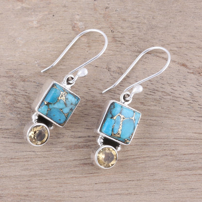 Creative Beauty Citrine and Composite Turquoise Dangle Earrings from India