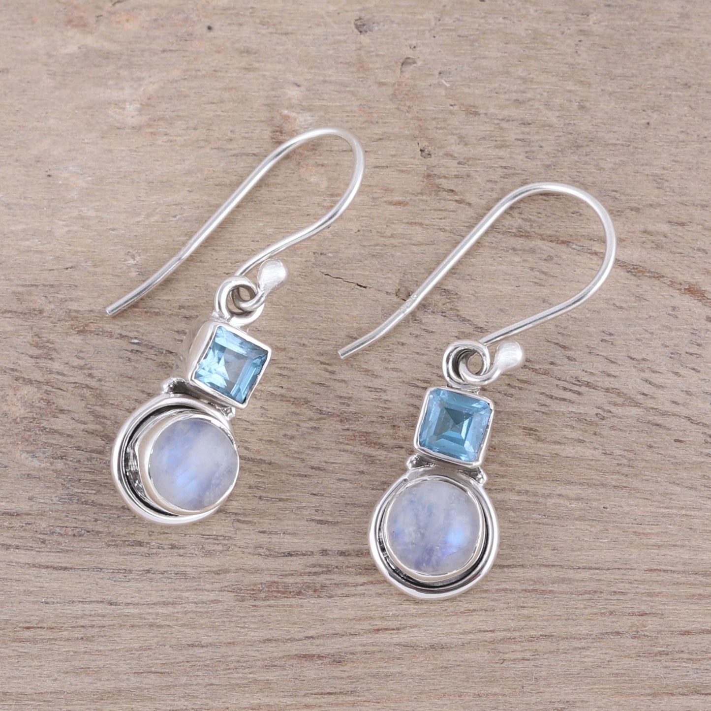 Sky Glimmer Blue Topaz and Rainbow Moonstone Dangle Earrings from India