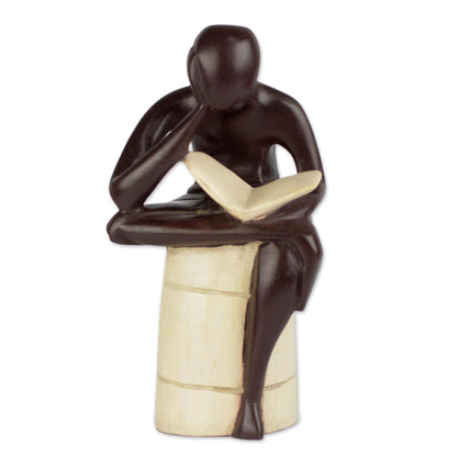 Thoughtful Reader Sese Wood Sculpture of a Reading Person from Ghana