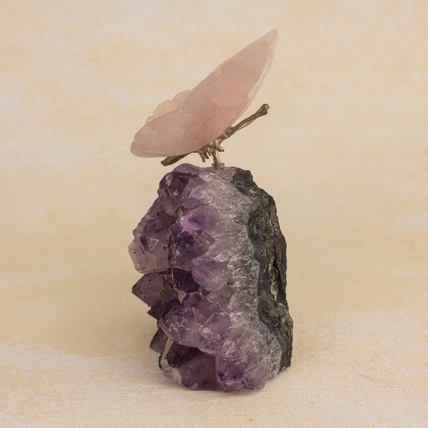 Rosy Wings Rose Quartz Butterfly on Amethyst Nugget Figurine
