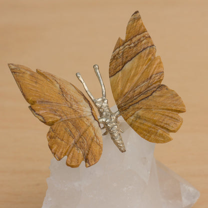 Earth and Wind Jasper Butterfly on Quartz Nugget Figurine from Brazil