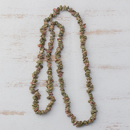 Rosy Sage Unakite Beaded Strand Long Necklace from Brazil