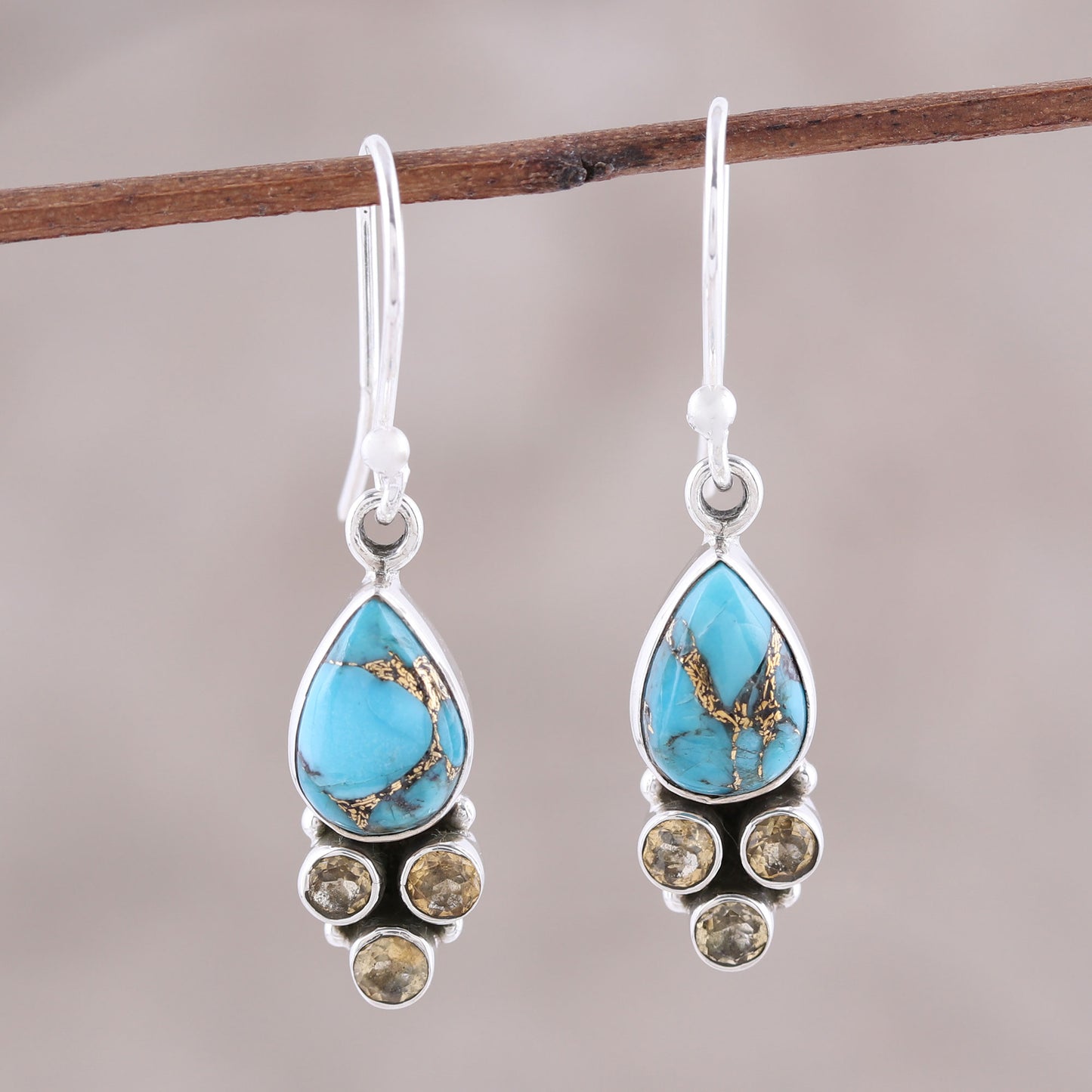 Sunny Dew Citrine and Composite Turquoise Dangle Earrings from India