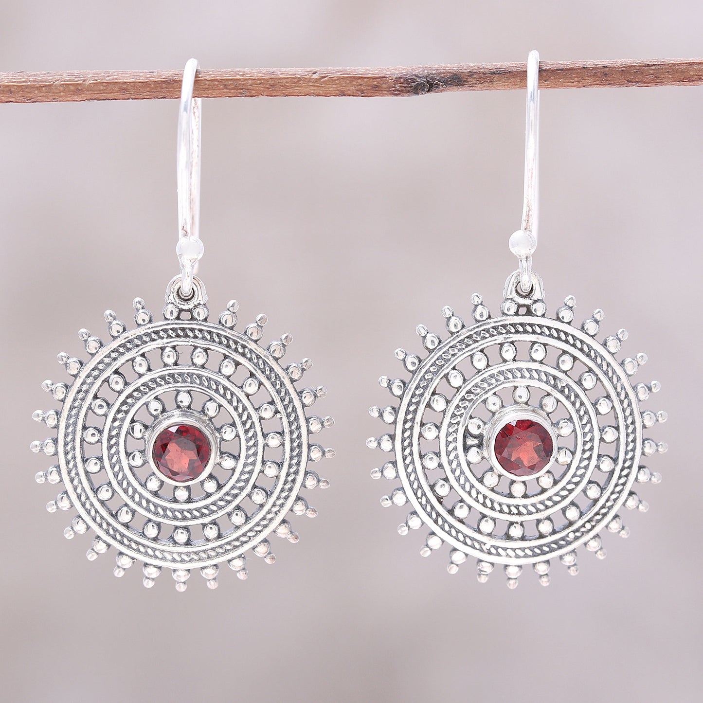 Radiant Wheels Garnet and Sterling Silver Concentric Circle Dangle Earrings