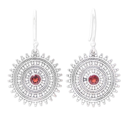 Radiant Wheels Garnet and Sterling Silver Concentric Circle Dangle Earrings