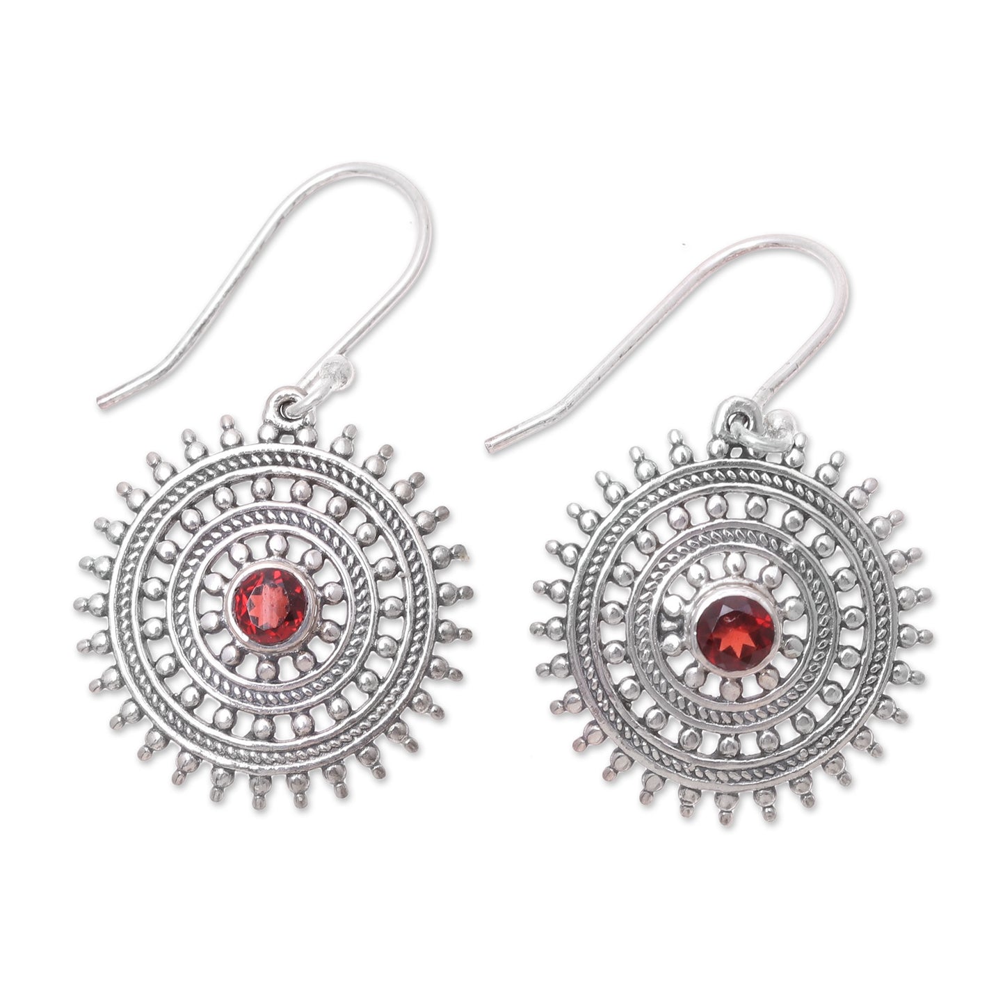 Radiant Wheels Garnet and Sterling Silver Concentric Circle Dangle Earrings