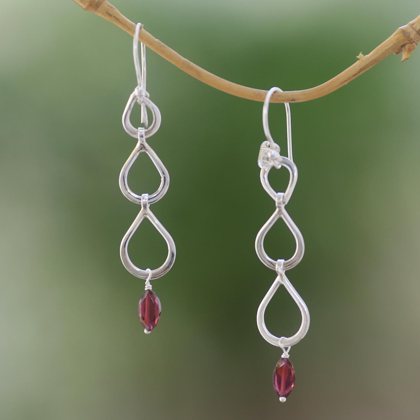 Berkah Rain Sterling Silver Raindrop Faceted Red Garnet Dangle Earrings