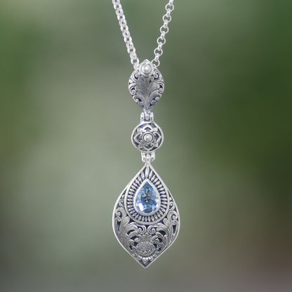 Tari Lotus Floral Blue Topaz Pendant Necklace from Bali