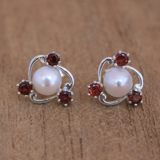 Sparks Fly Cultured Pearl and Garnet Stud Earrings from Bali