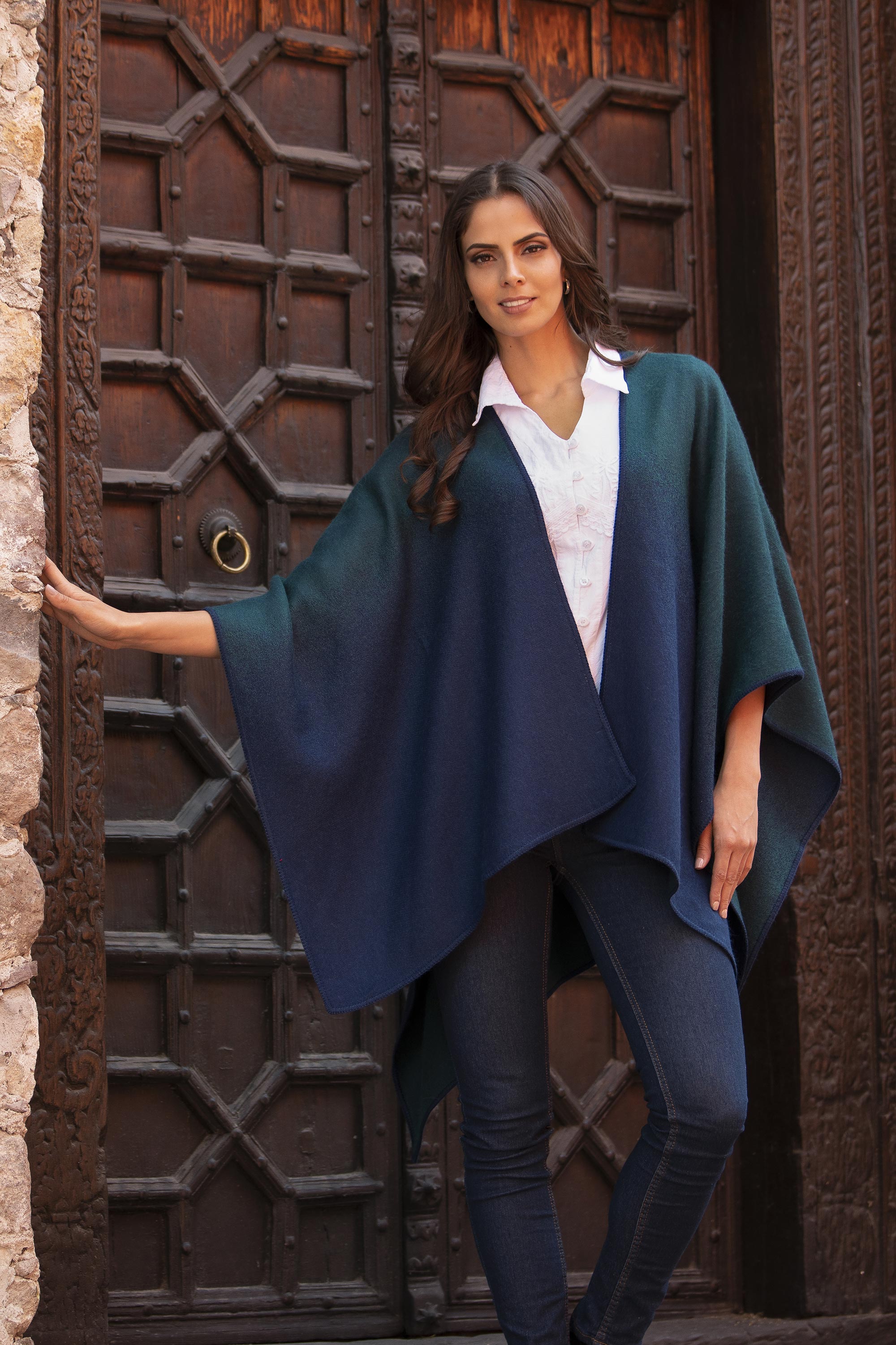 Andean Vistas Reversible Alpaca Blend Ruana in Navy and Kelly Green ...