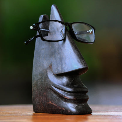 Nosing Around in Dark Brown Whimsical Dark Brown Hand Carved Wood Face Eyeglasses Holder