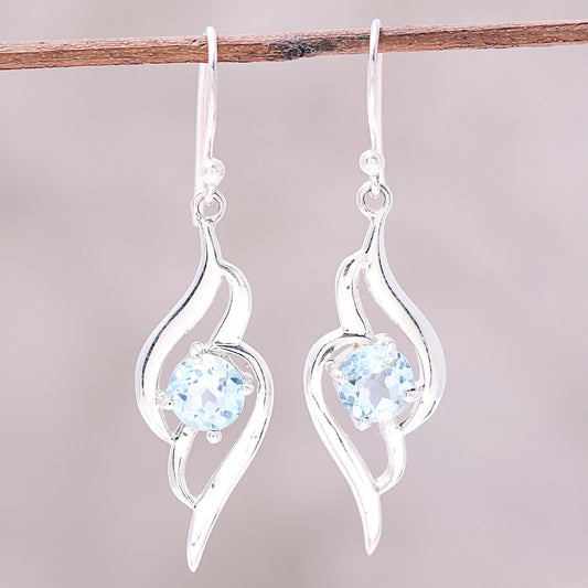 Dazzling Gleam Wave Motif Blue Topaz Dangle Earrings from India