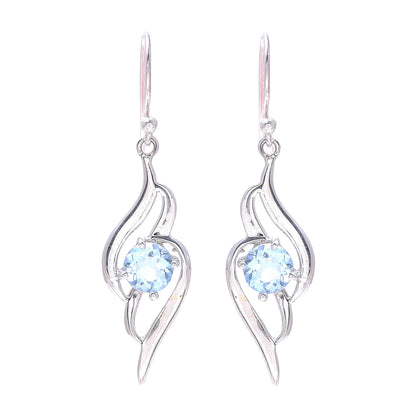 Dazzling Gleam Wave Motif Blue Topaz Dangle Earrings from India