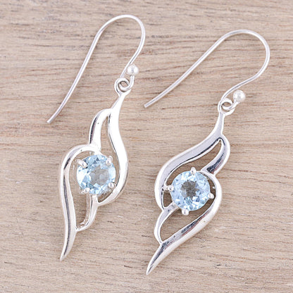 Dazzling Gleam Wave Motif Blue Topaz Dangle Earrings from India