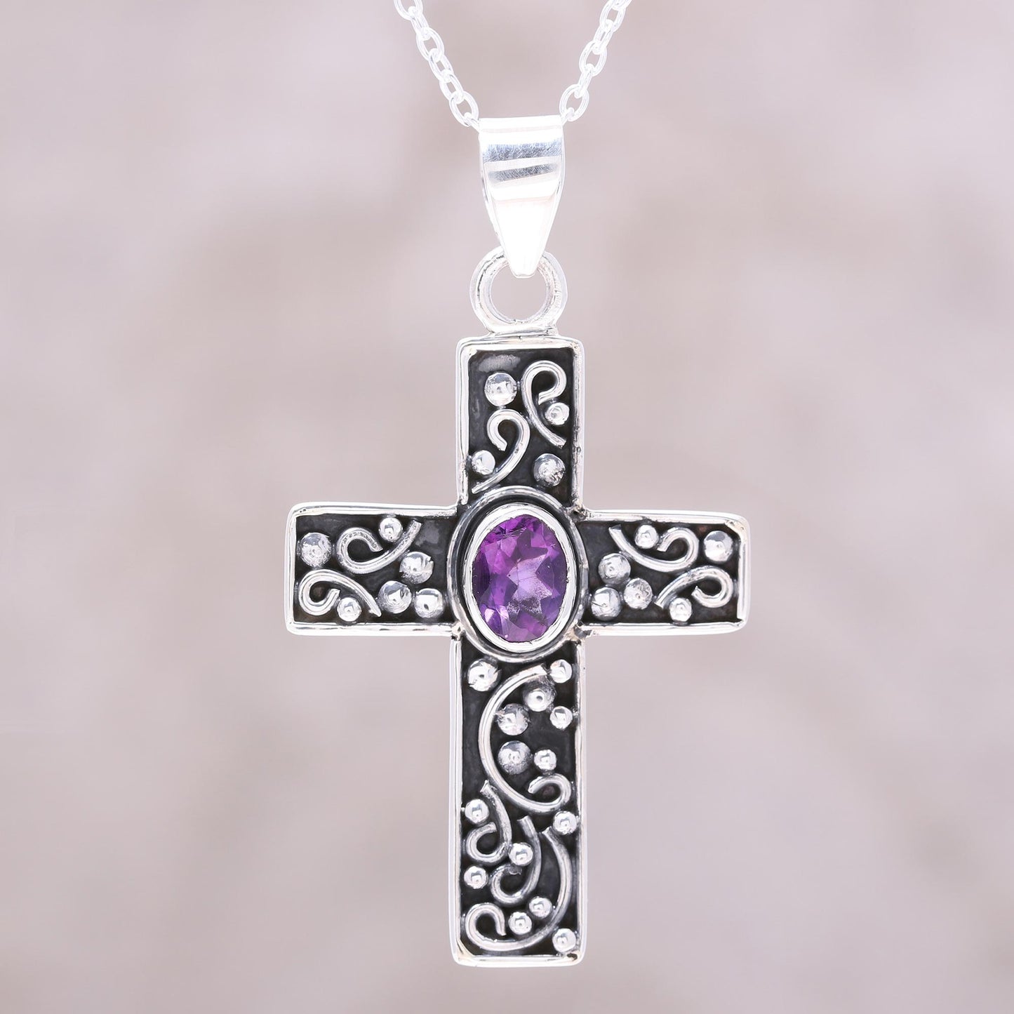 Gracious Cross Amethyst Cross Pendant Necklace from India