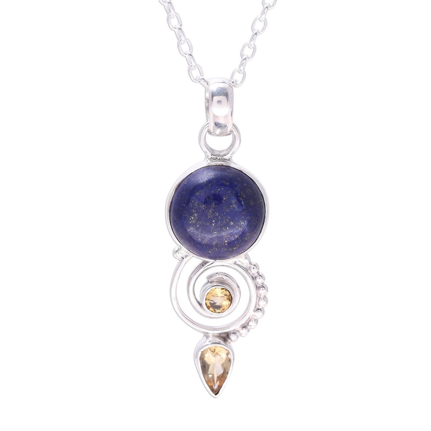 Majestic Spiral Citrine and Lapis Lazuli Spiral Necklace from India