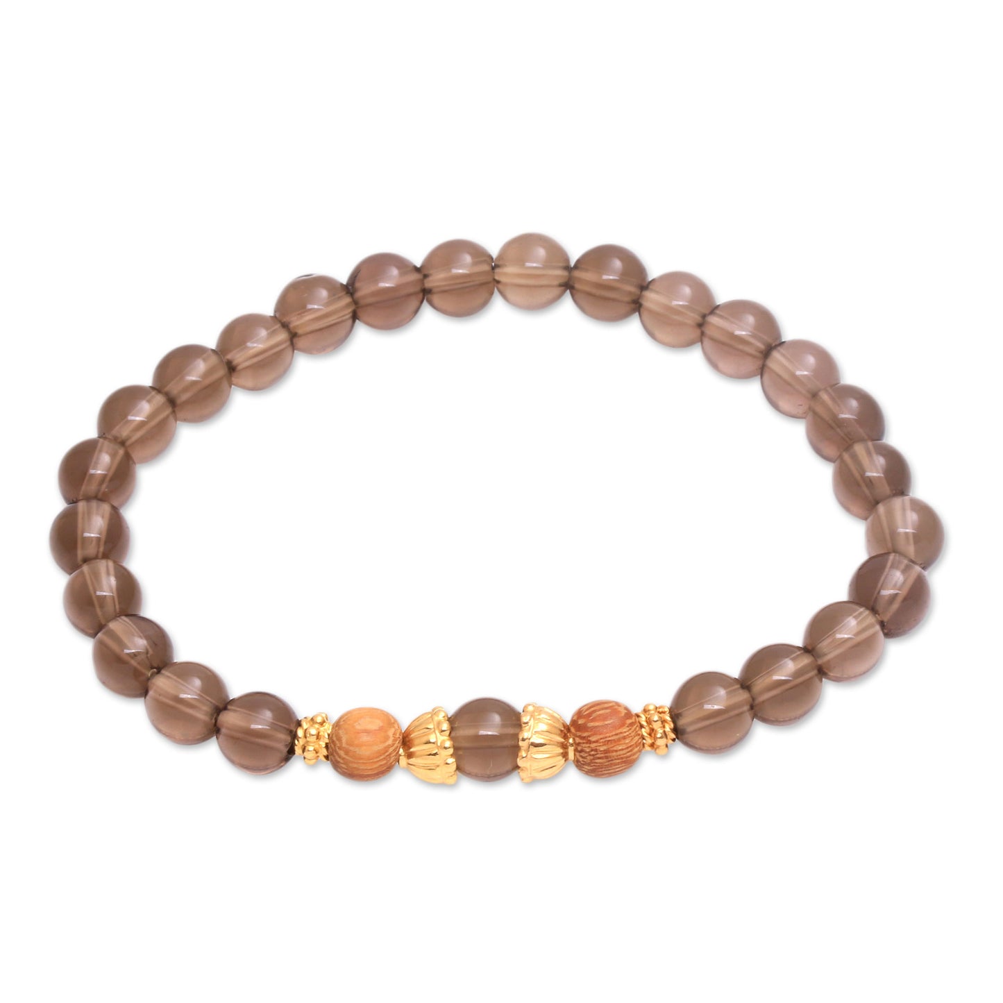 Batuan Tune Smoky Quartz Beaded Stretch Bracelet with Wood Accents